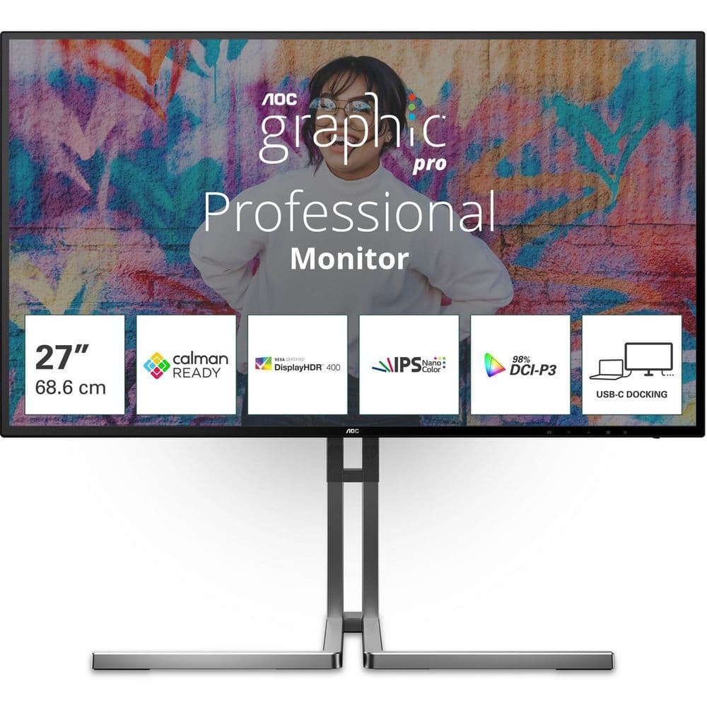 Монитор 27" AOC U27U3CV Nano IPS, 3840x2160, 60Hz, 4ms, 400сd/m, 1300:1, HDR10 | 2xHDMI(2.0), DP(1.4), Type-C(PD-96W), 4xUSB 3.