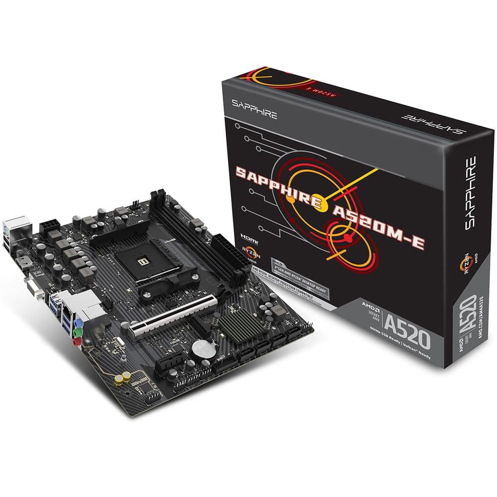 Материнская плата Sapphire A520M-E A520, AM4, 2*DDR4, 1*PCIEx16, 1*PCIEx1, 1*M.2, 6*USB3.2Gen1, 4*USB2.0, 4*SATA3.0, 1G, HDMI, M