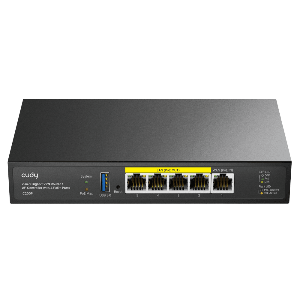 Маршрутизатор CUDY C200P 2-IN-1 SMB Router / AP Controller, 1 Gigabit Ethernet + 4 Gigabit PoE+ PSE Ports + 1 USB 3.0, PSE outpu